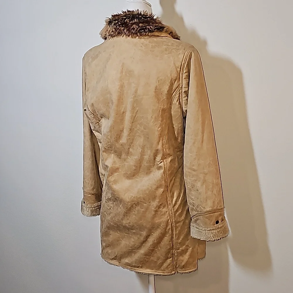 Morricci Coat Jacket Penny Lane Lined Faux Suede Faux Fur Collar Pockets Tan L - Picture 6 of 12